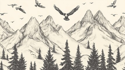 Seamless pattern with mountains, pine trees, and flying birds. Old-fashioned engraving style.