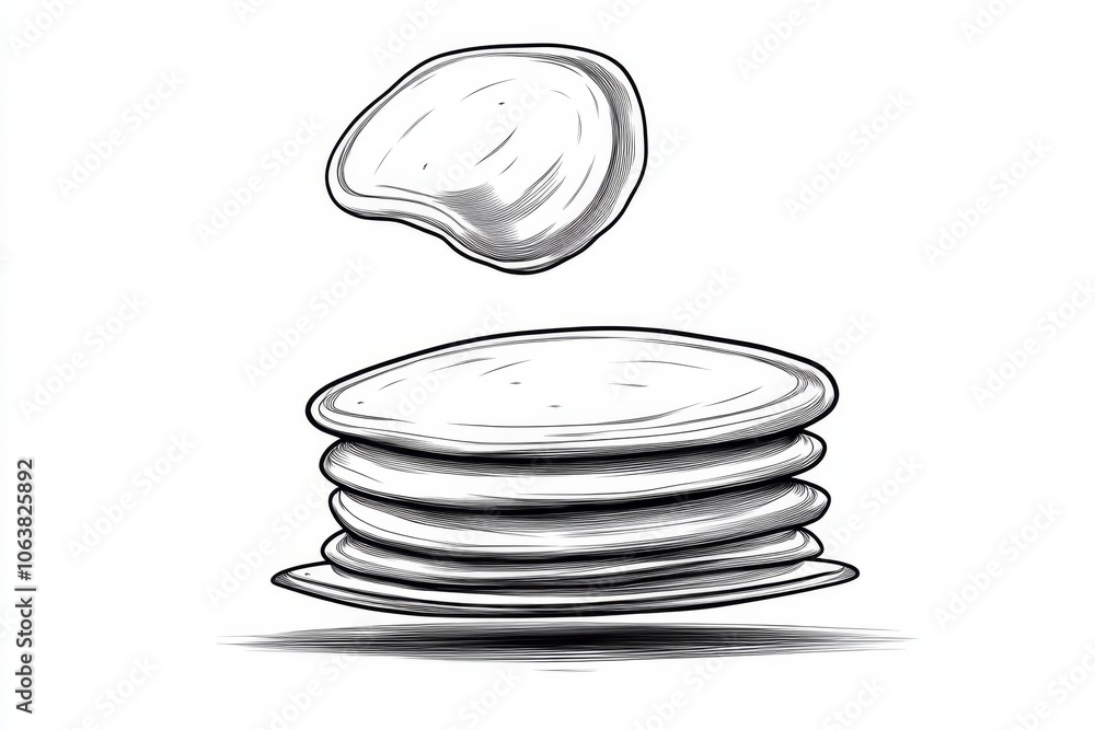 Poster minimalist line drawing of a pancake mid-flip, with soft lines suggesting motion and simplicity in a