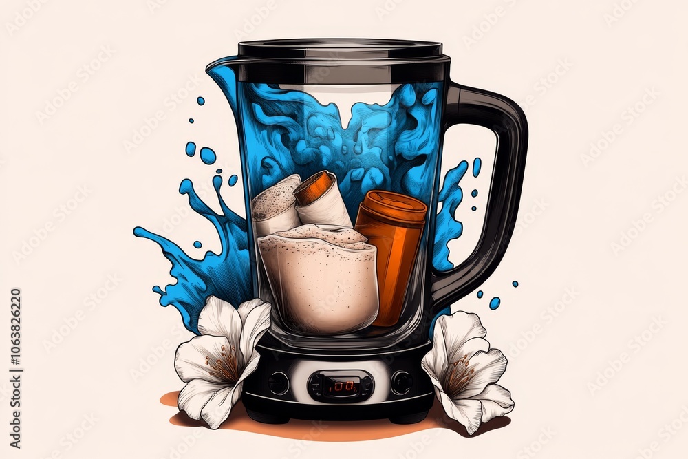 Aufkleber minimalist sketch of smoothie ingredients in a blender, using soft, light colors against a clean bac