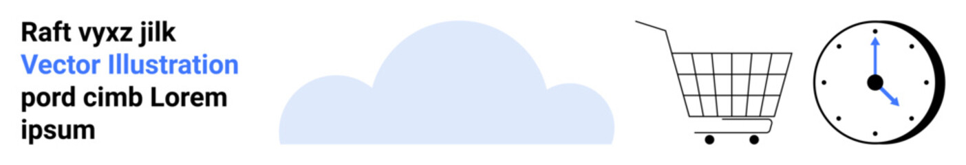 Cloud, shopping cart, and clock vector in minimalist style. Ideal for themes of online shopping, e-commerce, time management, cloud computing, and business efficiency. Banner for landing page