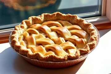 Old-fashioned illustration of a freshly baked pie cooling on a windowsill, capturing a nostalgic craving for homemade treats