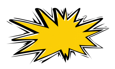 Bold yellow explosion comic element with sharp black and white outlines, suitable for attention-grabbing graphic designs and cartoon-style artwork with ample copy space