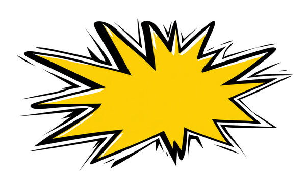 Bold yellow explosion comic element with sharp black and white outlines, suitable for attention-grabbing graphic designs and cartoon-style artwork with ample copy space