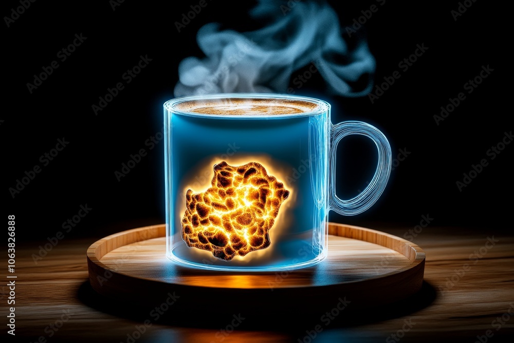 Poster outline of a cup with steam rising, evoking coffee cravings, using clean, simple lines to capture th