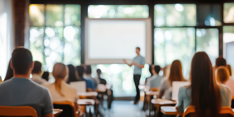 Blurred classroom or seminar setting with a speaker in the background, presenting to a diverse audience in a bright, naturally lit space