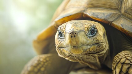 Obraz premium Gentle Tortoise: A close-up of a tortoise with a kind expression, slowly moving across a smooth, light background