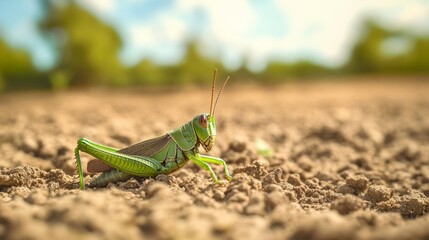 Grasshopper resting on dry soil, minimal tree line background 