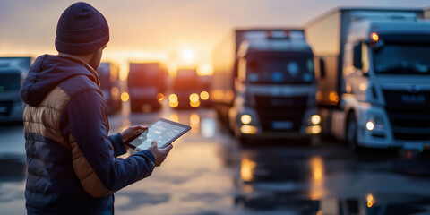 Logistics manager using a tablet for fleet management at a truck parking lot during sunrise, showcasing technology integration in the transportation industry