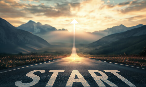 Road morphing into an upward arrow, symbolizing progress, success, and a journey towards goals with a hopeful sunrise in the background, sky is the limit concept 