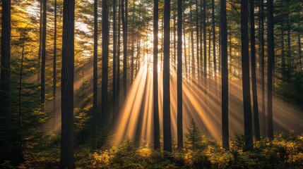 Fototapeta premium A serene forest scene with sunlight streaming through tall trees, creating a peaceful atmosphere.