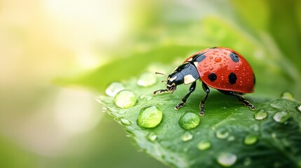 Fototapeta premium Ladybug on a fresh green leaf, with a clean blurred background 