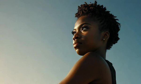 Black woman with afro hair leans against a wall, showcasing a strong and empowered expression. Her piercing gaze speaks volumes, capturing a sense of determination and resilience.