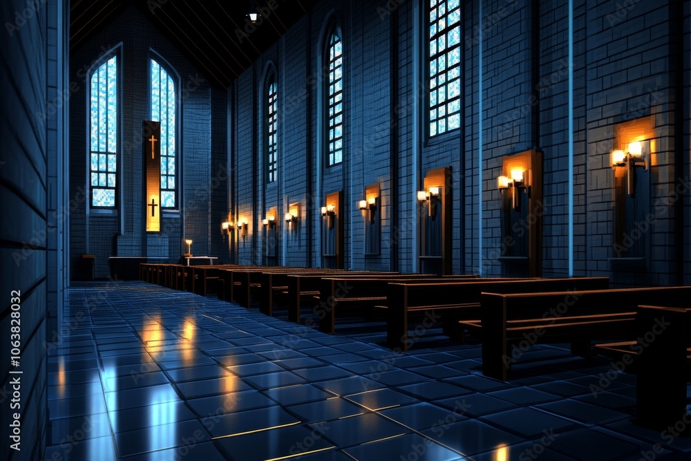 Poster pixel art of a confessional scene in an old church, with soft lighting and simple yet detailed 8-bit