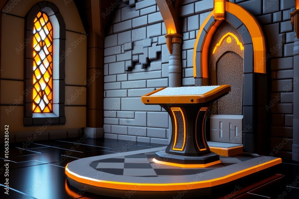 Poster pixel art of a confessional scene in an old church, with soft lighting and simple yet detailed 8-bit