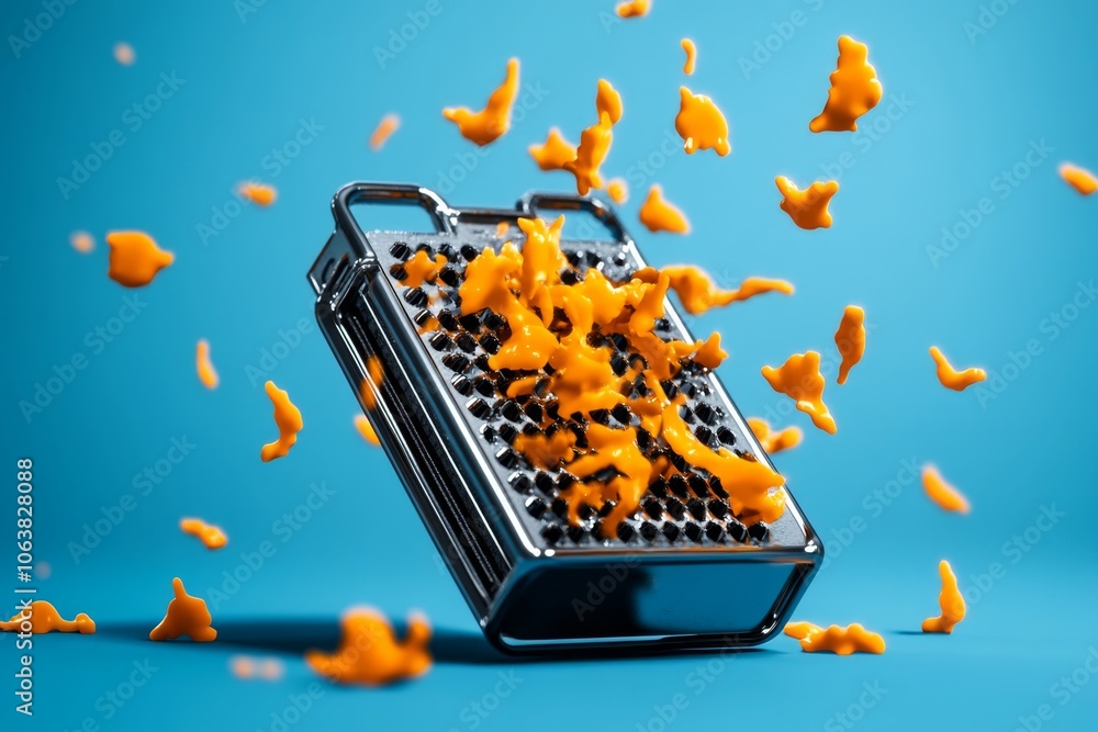Poster pixel art of a grater with cheese shreds falling in 8-bit style, capturing a retro, nostalgic look w