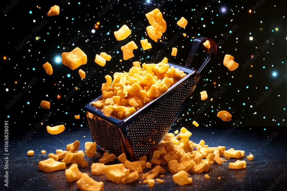 Poster pixel art of a grater with cheese shreds falling in 8-bit style, capturing a retro, nostalgic look w