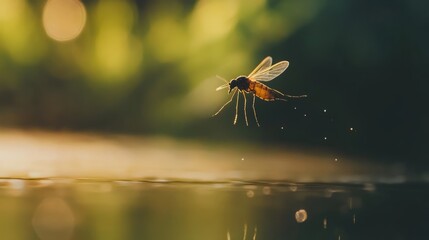 Mosquito flying above water, subtle natural light