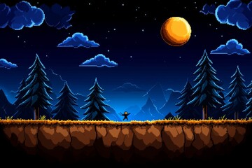 Pixel art of a figure escaping through a forest, with simple yet detailed 8-bit trees and a tiny figure in motion, evoking a retro game-style escape