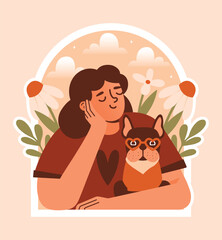 Young woman sitting, supporting head with your hand with closed eyes and holding her dog, french bulldog in eyeglasses among plants and flowers. Cute clip art for card in window frame. 
