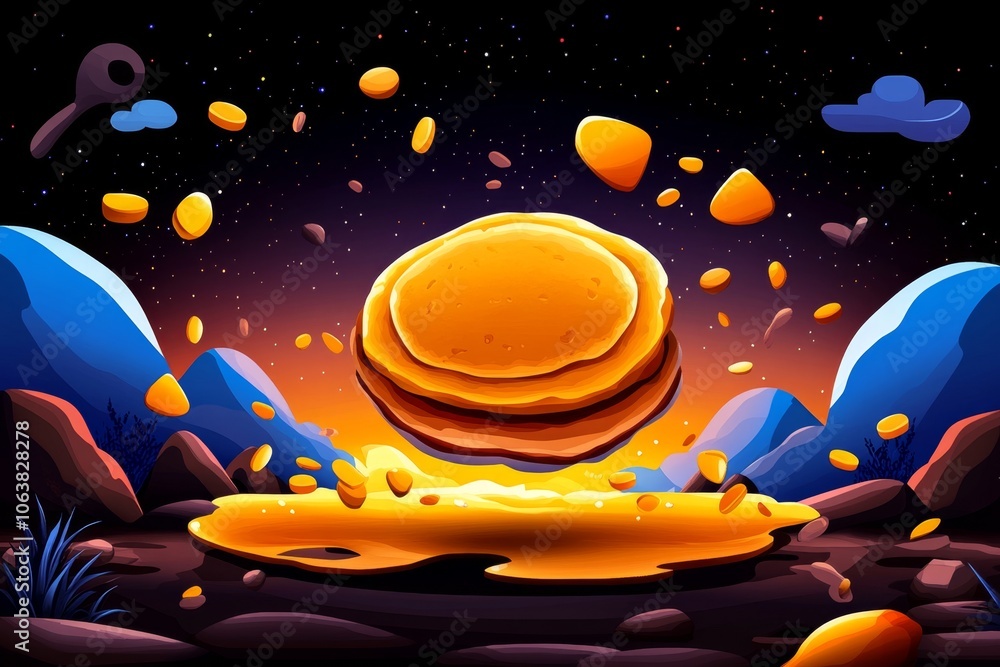 Poster Pixel art of a pancake mid-flip with bright, simple colors in retro 8-bit style, capturing a nostalgic cooking scene