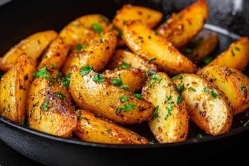 Potato wedges flipping in a cast-iron skillet, with crispy edges and savory aroma