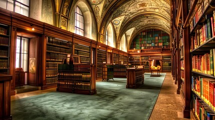 Impressive Scholarly Library Interior with Arched Windows and Ornate Bookshelves