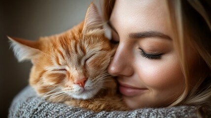 A pet owner hugging their dog or cat with a look of love and joy, while the pet leans into the hug, relaxed and happy