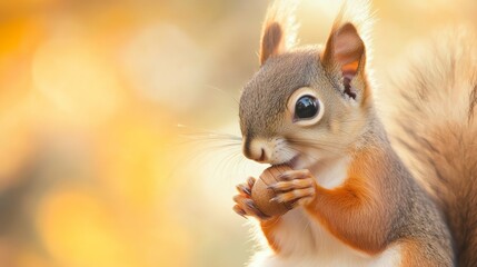 Obraz premium Silly Squirrel: A playful squirrel with bright eyes, holding an acorn against a soft, blurred background.