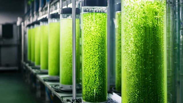 Vertical columns filled with green algae in a research facility, showcasing algae cultivation in a laboratory