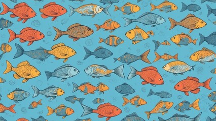 Colorful fish pattern on a bright blue background for aquatic-themed designs