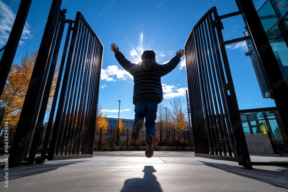 Poster Silhouette of a person running toward an open gate, with clean lines and a white background, capturing the simplicity of freedom