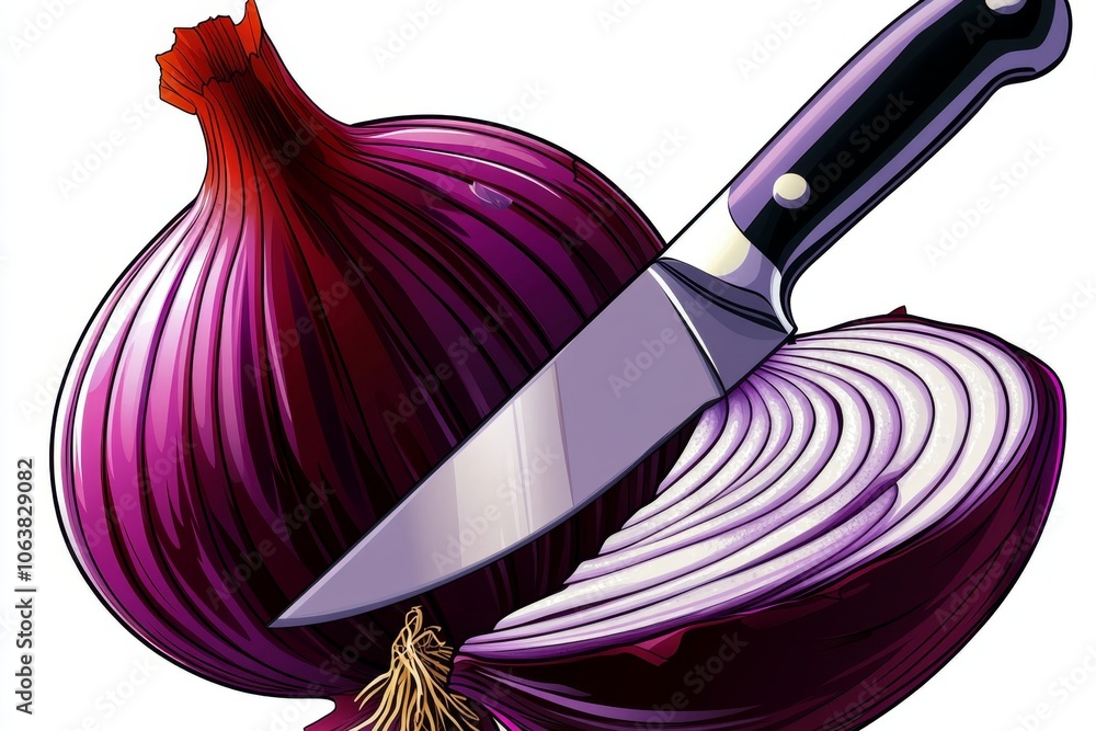 Poster Simple 2D drawing of a knife slicing through an onion, capturing the action in a straightforward, colorful style on a white background
