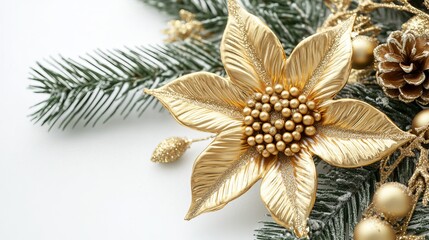 Ornate golden flower on a white background, perfect for Christmas tree decorations or New Year decor. This luxurious and intricate design element adds a touch of vintage charm to any space.