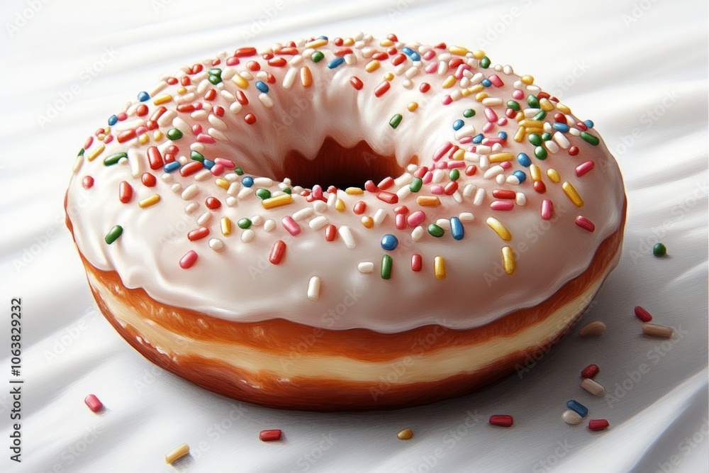 Poster simple drawing of a frosted doughnut with colorful sprinkles, on a white background, capturing a pla