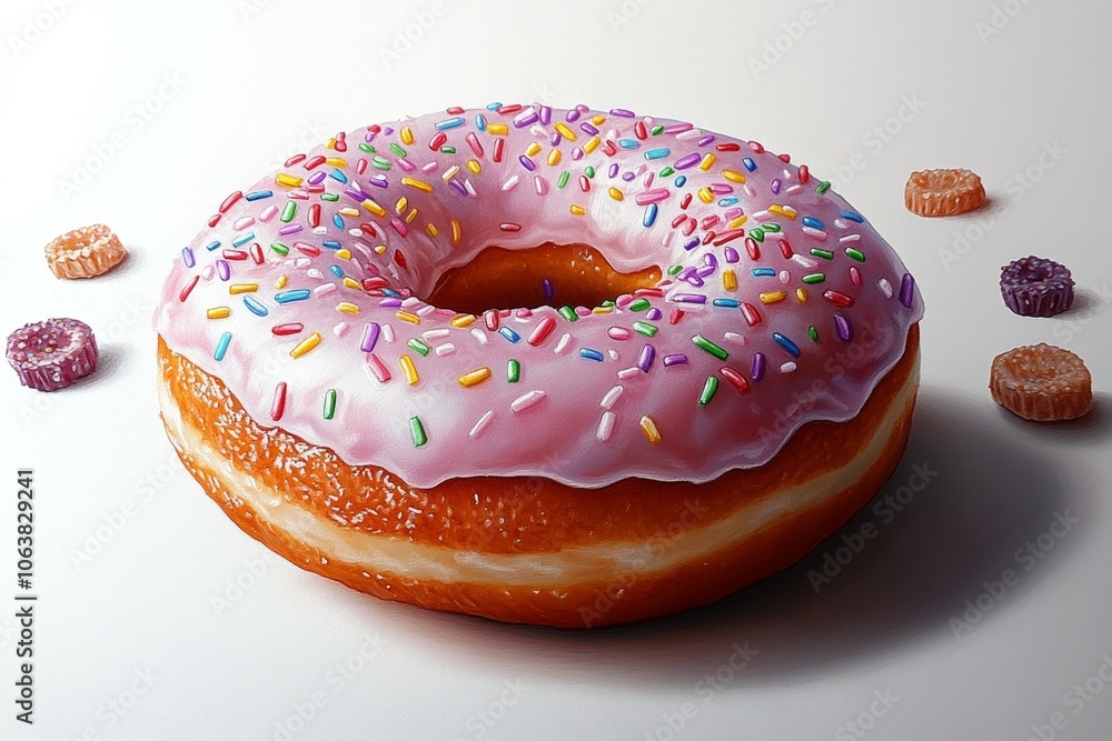Aufkleber simple drawing of a frosted doughnut with colorful sprinkles, on a white background, capturing a pla
