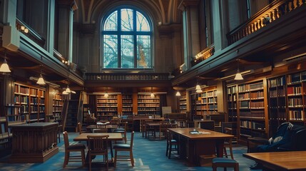 Majestic Interior of Historic University Library with Bookshelves and Reading Tables