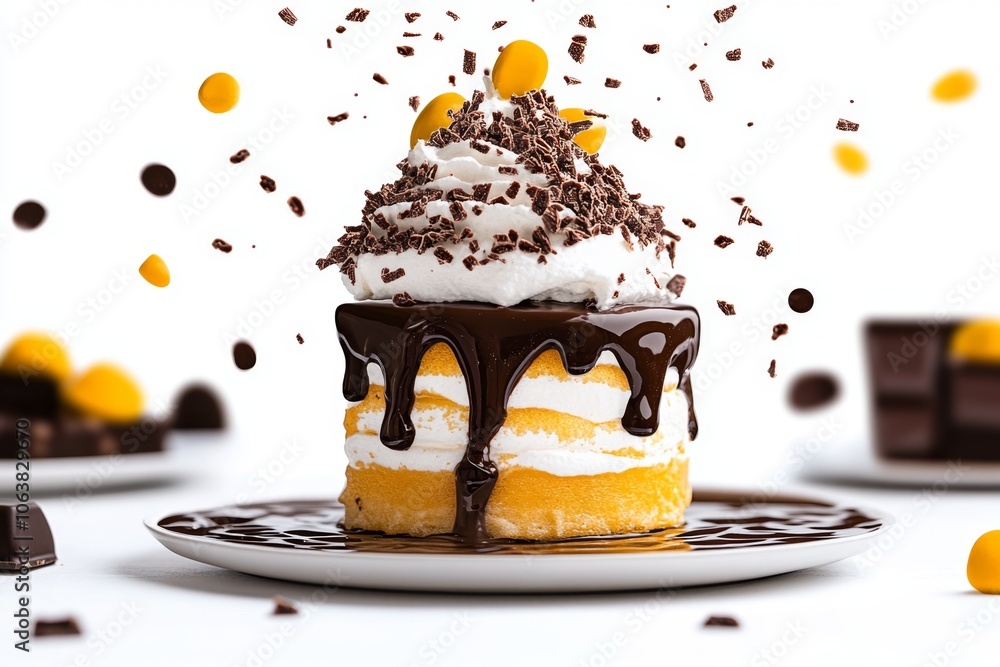 Poster simple line illustration of grated chocolate over a dessert, capturing the motion and essence of gra