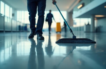 Obraz premium A janitor cleans a polished floor inside a commercial building during the day, ensuring cleanliness and order in the workspace