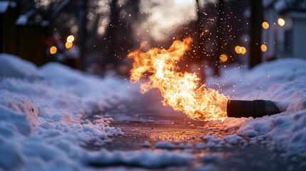 Frozen gas pipe bursts into flames on a snowy street at dusk near residential area