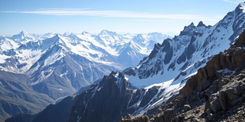 A breathtaking view of snow-capped mountains and lush green valleys, adventure, exploration