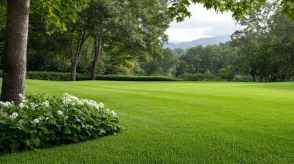 Fototapeta premium A tranquil English-style garden with lush green grass, blooming white flowers, and a breathtaking view of rolling hills in the distance. This idyllic scene evokes feelings of peace and tranquility, ma