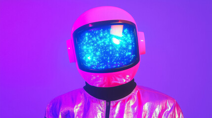 An astronaut with a helmet displaying a starry universe, standing against a bright purple background, symbolizing curiosity, exploration, and the mysteries of space.

