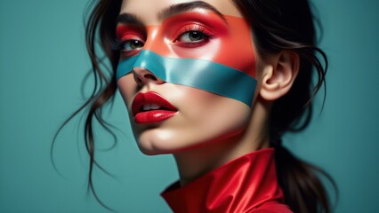 Obraz premium Woman adorned with a tape design on her face, creating a striking visual and high-fashion statement.