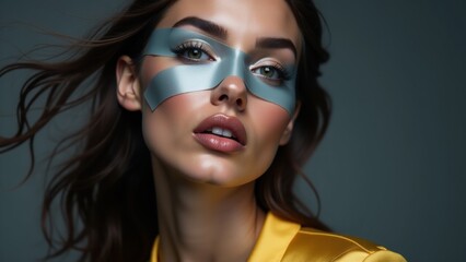 Fototapeta premium Fashion-forward look with a creative tape design across the face, emphasizing edgy style and modern beauty