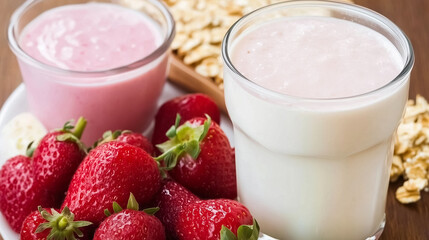 Refreshing strawberry and vanilla yogurt smoothies served in glasses with fresh strawberries and oats, perfect for healthy breakfast or snack concepts.

