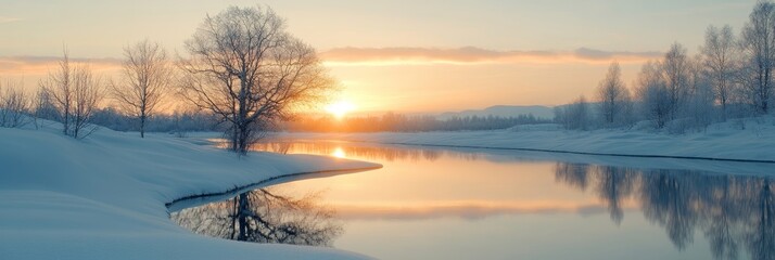 Fototapeta premium A breathtaking winter sunrise casts a golden glow over a snow-covered landscape, with a serene river winding through the scene and snow-covered trees lining the banks. The peaceful atmosphere evokes a
