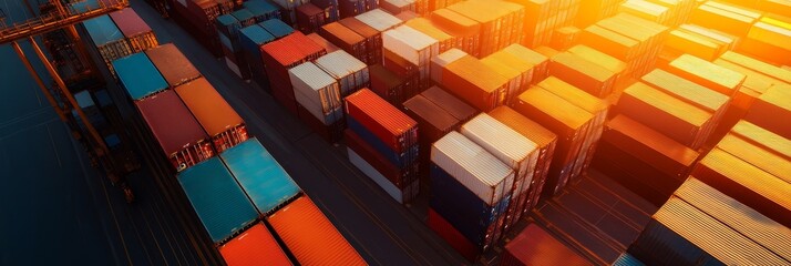 Fototapeta premium Shipping Containers Yard: Aerial View of Global Trade, Rows of brightly colored shipping containers stacked high in a bustling port, signifying global trade and logistics.