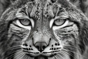Obraz premium Lynx close-up portrait, piercing gaze, background in various shades of gray .