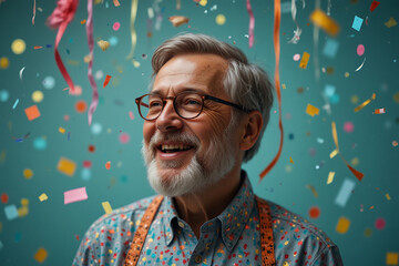 joyful elderly man with confetti on a turquoise background