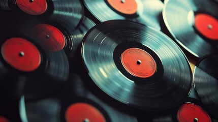 Vintage vinyl records background with retro aesthetic, close-up of classic music records with vibrant colored labels. High-resolution AI-generated image capturing nostalgic vibes and timeless appeal o